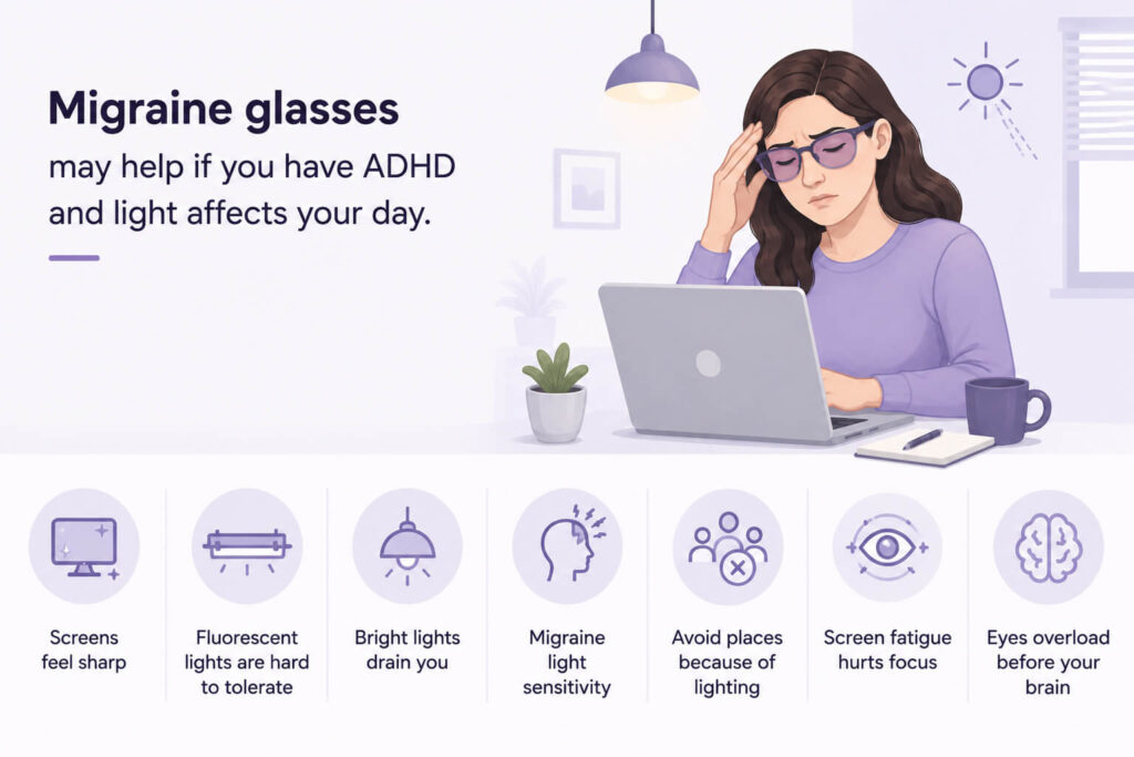 Illustration showing common signs of light sensitivity in adults with ADHD, including screen fatigue, fluorescent light discomfort, bright light sensitivity, and migraine symptoms.