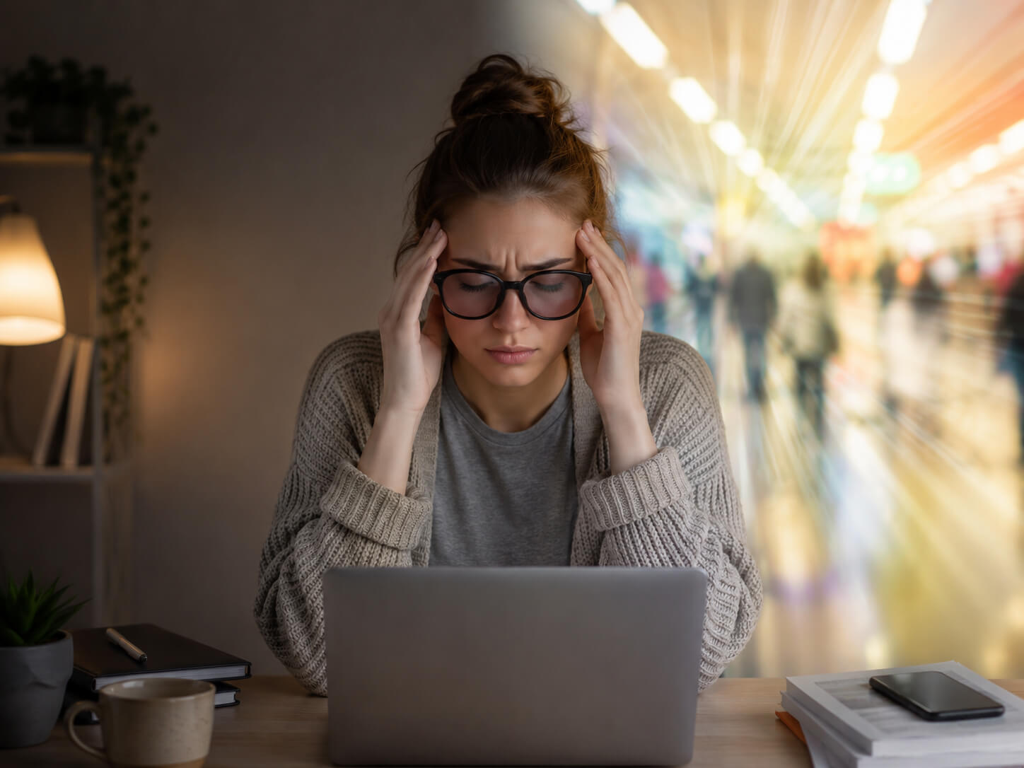 Woman experiencing migraine and light sensitivity while using a laptop, illustrating sensory overload from bright indoor lighting and screens.