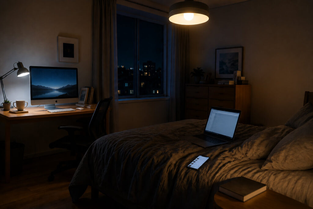 Bedroom at night with a bright desktop computer, laptop and smartphone screens still in use, illustrating how screens and indoor lighting can keep the nighttime environment bright before sleep.