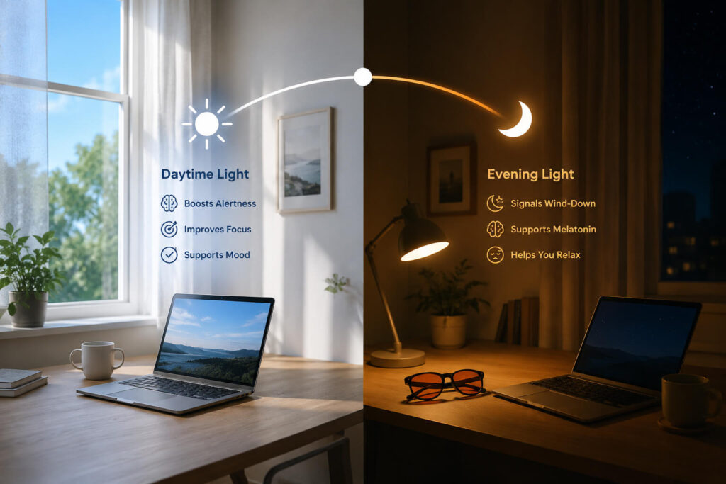Daytime and evening light comparison showing bright natural daylight for alertness and focus versus warmer, dimmer evening light for winding down before sleep.
