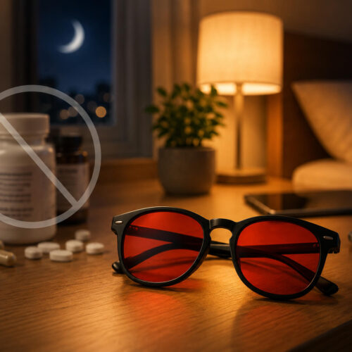 Red lens sleep glasses beside sleep supplements in a nighttime bedroom, illustrating an ingredient-free approach to managing evening light before bed.