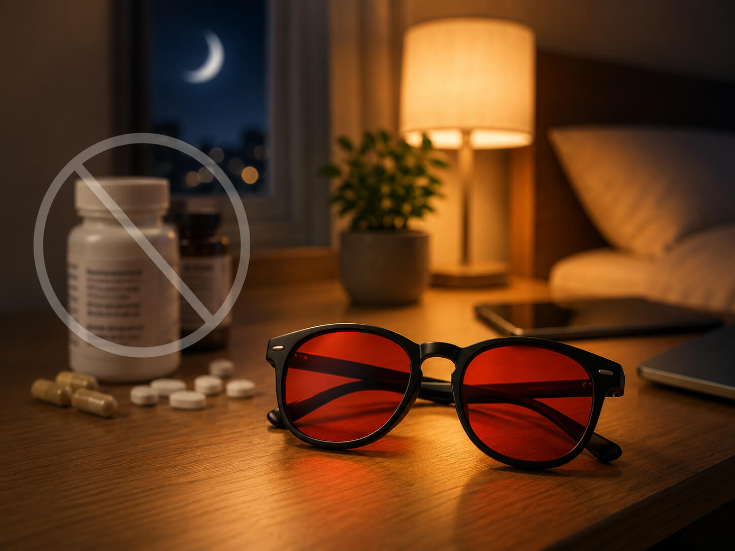 Red lens sleep glasses beside sleep supplements in a nighttime bedroom, illustrating an ingredient-free approach to managing evening light before bed.
