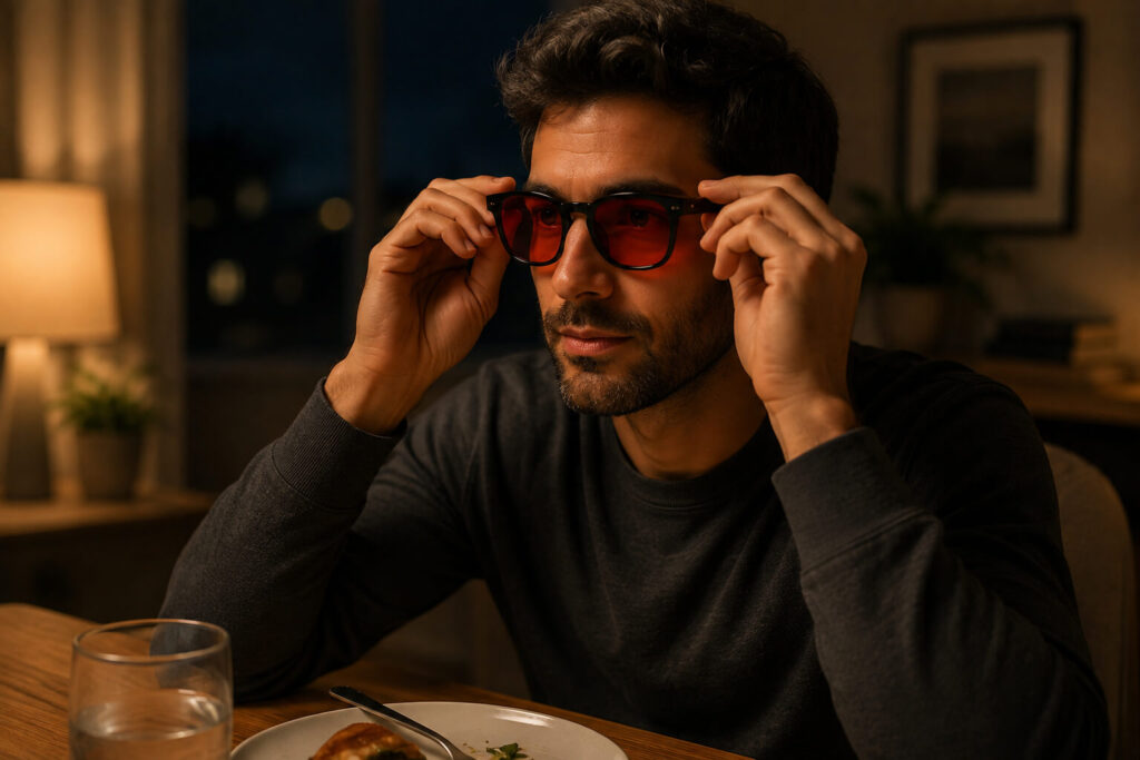 Man putting on Night Ease™ red lens glasses after dinner as part of an evening wind-down routine before bed.