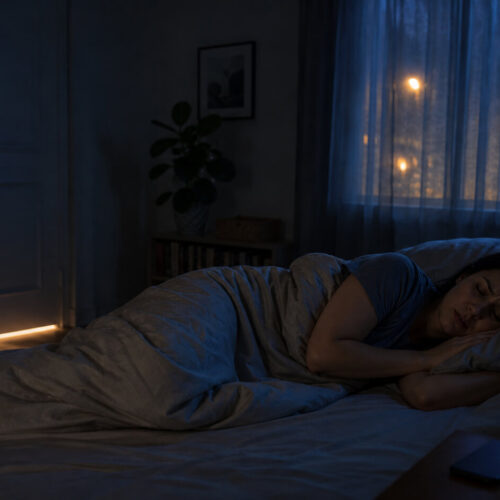 Dimly lit bedroom at night with multiple ambient light sources — standby LEDs on electronics, faint street light through curtains, and hallway glow under the door — while a person lies in bed trying to sleep