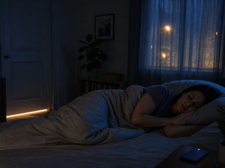 Dimly lit bedroom at night with multiple ambient light sources — standby LEDs on electronics, faint street light through curtains, and hallway glow under the door — while a person lies in bed trying to sleep