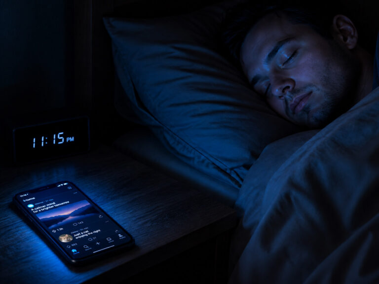 A smartphone glowing with cool blue light on a nightstand in a dark bedroom, its glow reaching a person lying in bed with eyes closed