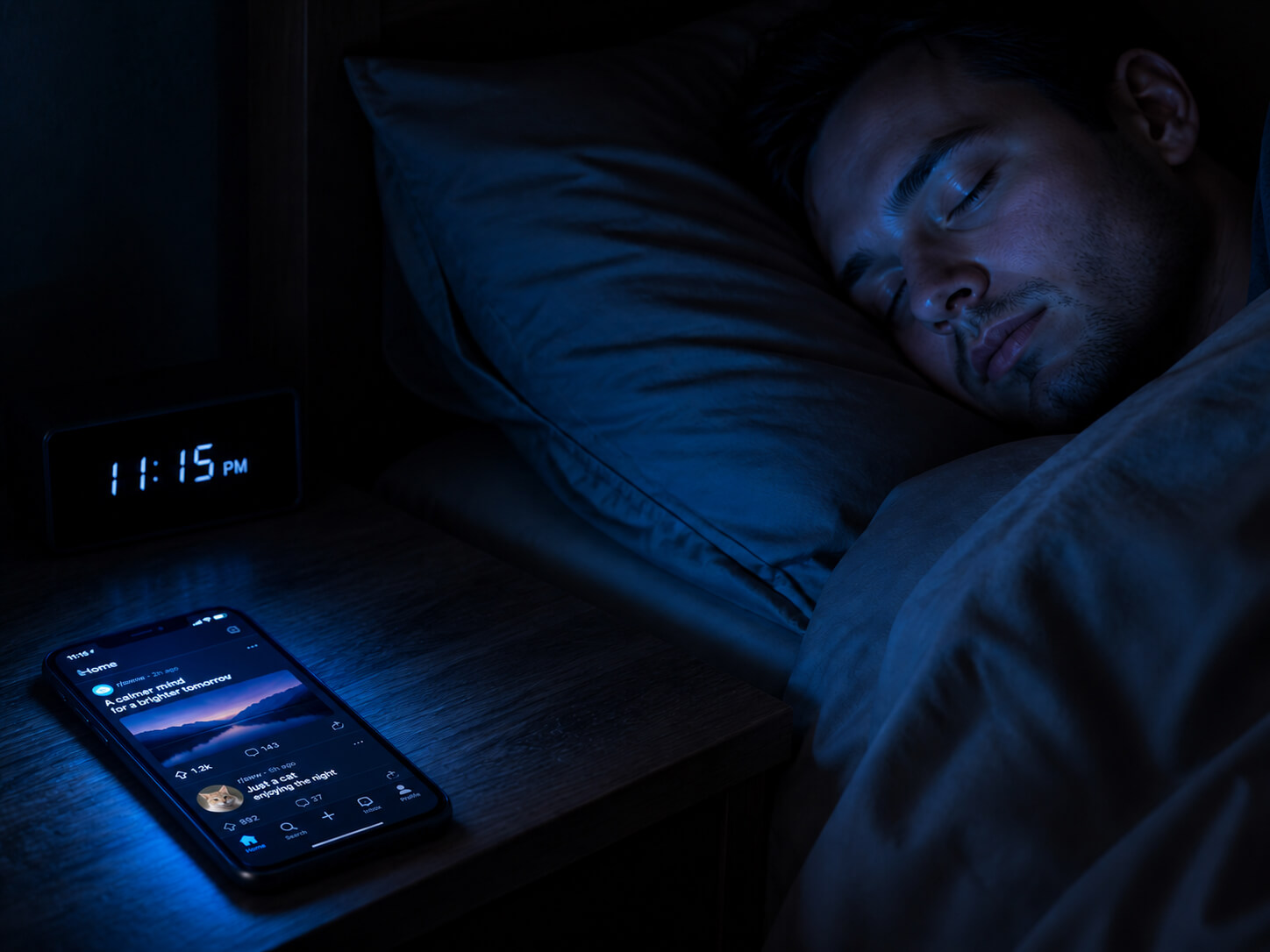 A smartphone glowing with cool blue light on a nightstand in a dark bedroom, its glow reaching a person lying in bed with eyes closed