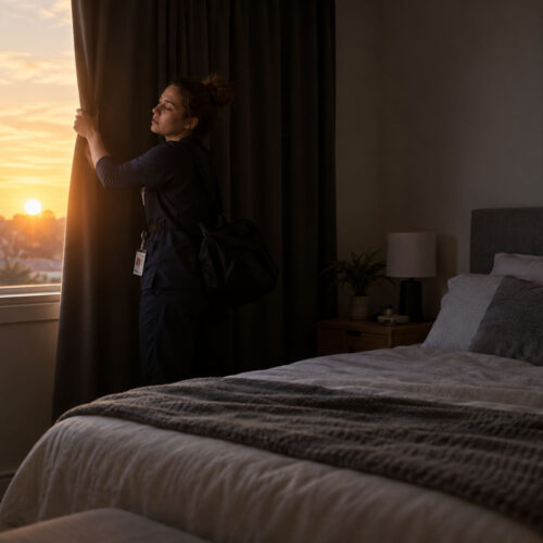 A tired night-shift worker arriving home at sunrise, closing blackout curtains in a calm bedroom prepared for daytime sleep