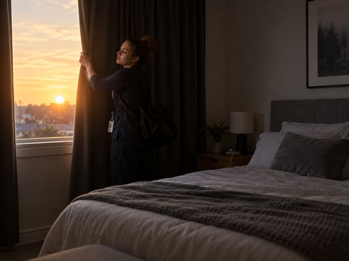 A tired night-shift worker arriving home at sunrise, closing blackout curtains in a calm bedroom prepared for daytime sleep