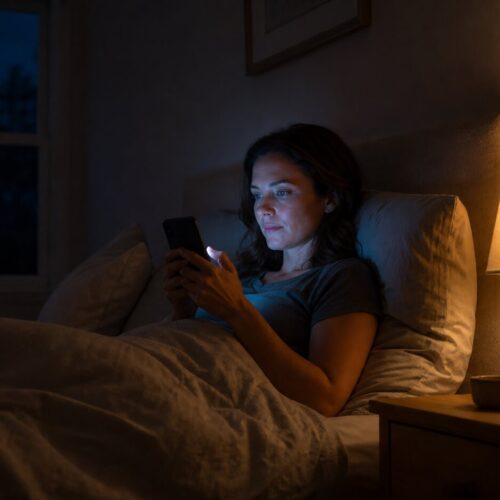 Person lying in bed at night scrolling a smartphone, face lit by the screen, beside a warm bedside lamp in a dim bedroom