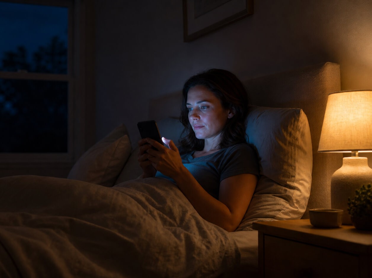 Person lying in bed at night scrolling a smartphone, face lit by the screen, beside a warm bedside lamp in a dim bedroom