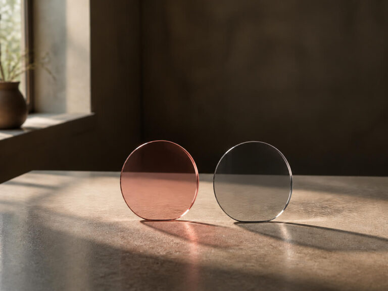 Two pieces of colored translucent lenses — rose and dark gray — placed side by side with soft window light passing through them, casting distinct colored shadows on a surface.
