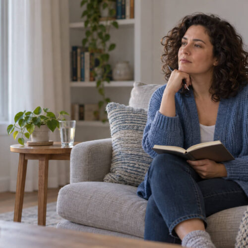 Curly-haired woman pauses with notebook in calm living room