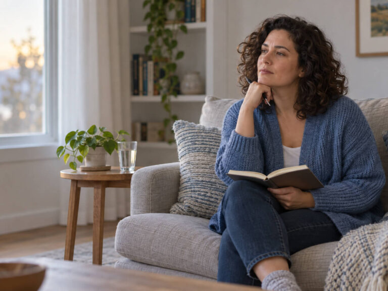 Curly-haired woman pauses with notebook in calm living room