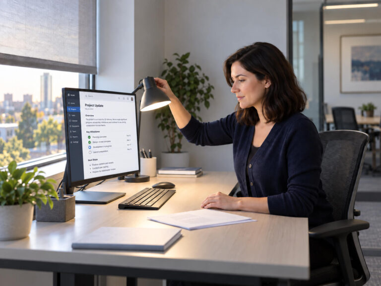 Dark-haired woman adjusting desk lamp beside shaded window