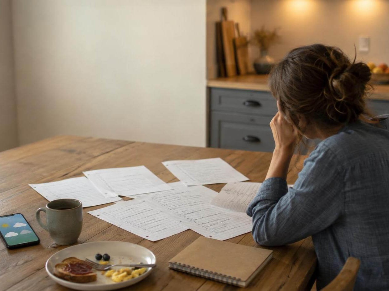 Scattered trigger lists on a kitchen table