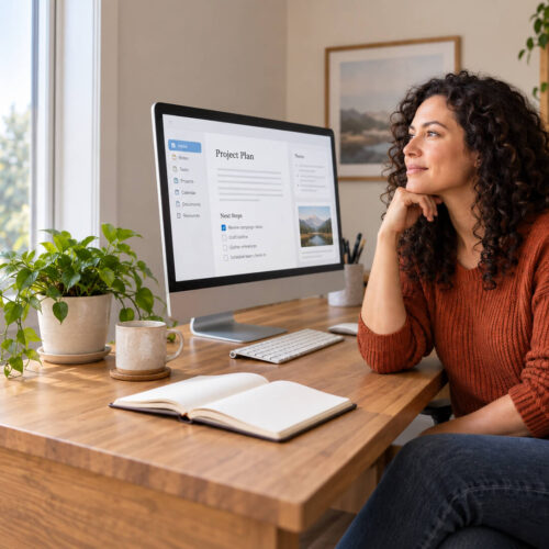Woman in rust sweater looking past monitor