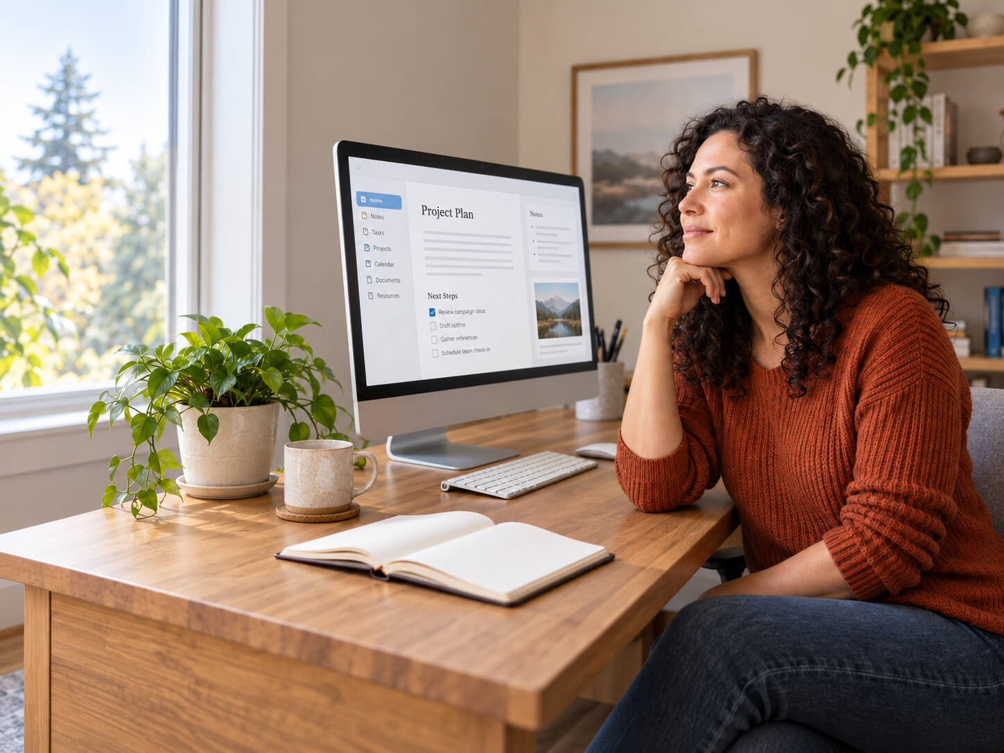 Woman in rust sweater looking past monitor