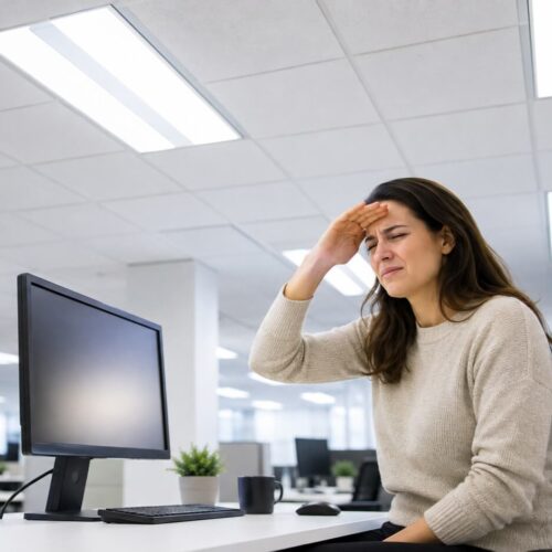 Woman with headache at office desk under fluorescent lights