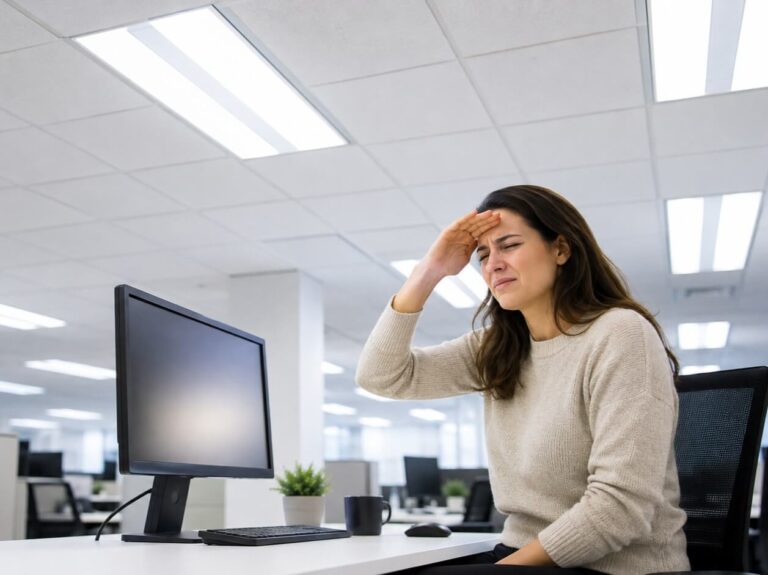 Woman with headache at office desk under fluorescent lights