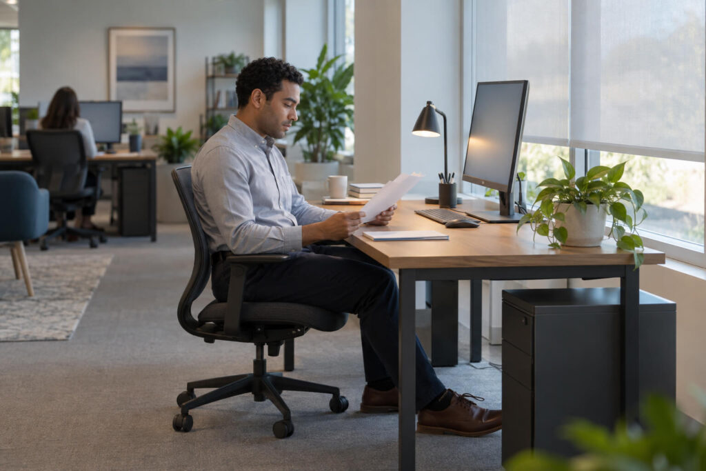 Curly-haired man reviews document beside shaded workstation