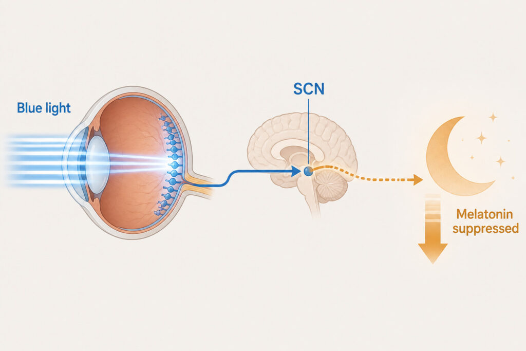 Editorial illustration of how blue light enters the eye and suppresses melatonin through the SCN pathway — a simplified diagram showing blue light rays entering a stylized eye, connecting to a brain node, and suppressing a melatonin symbol