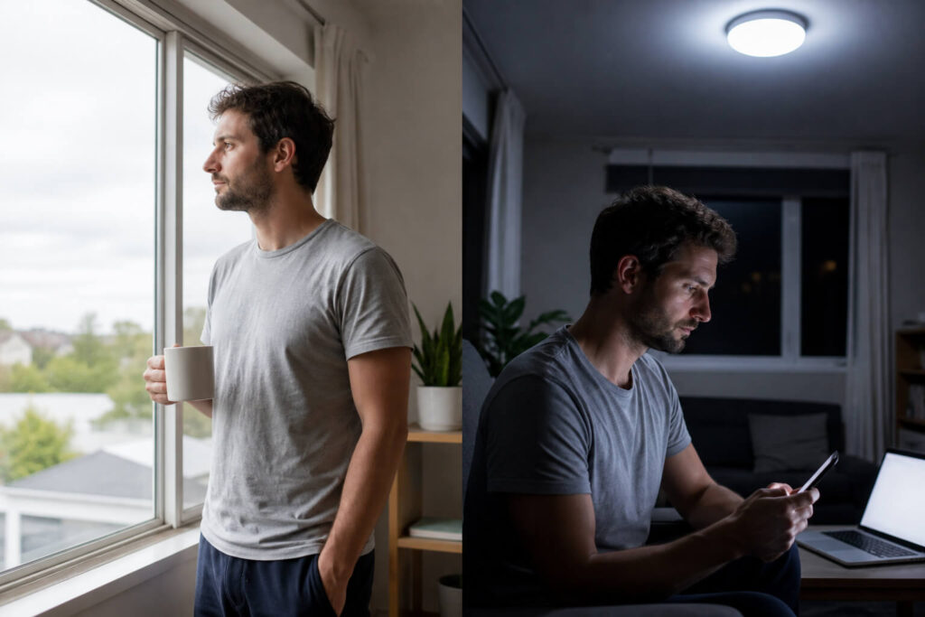 Split scene contrasting bright natural morning daylight from a window with harsh artificial LED and screen light at night, showing how inverted light exposure confuses the circadian system