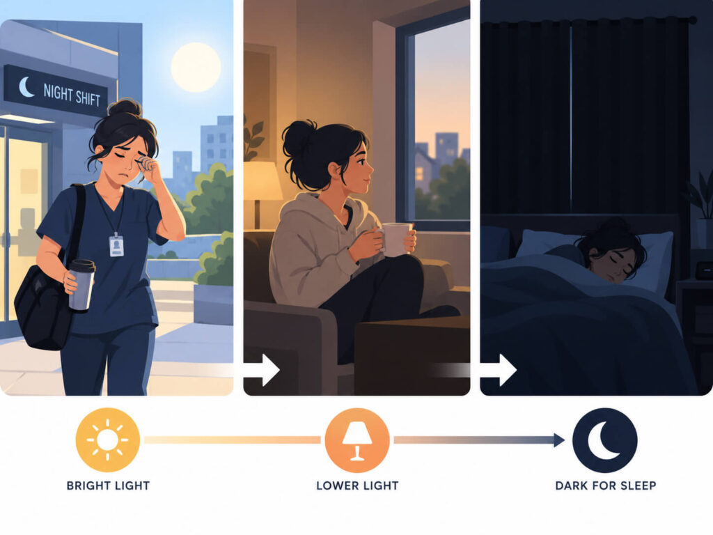 Simple day-and-night diagram showing bright light during the early work shift, lower light after the shift, and a dark bedroom for daytime sleep