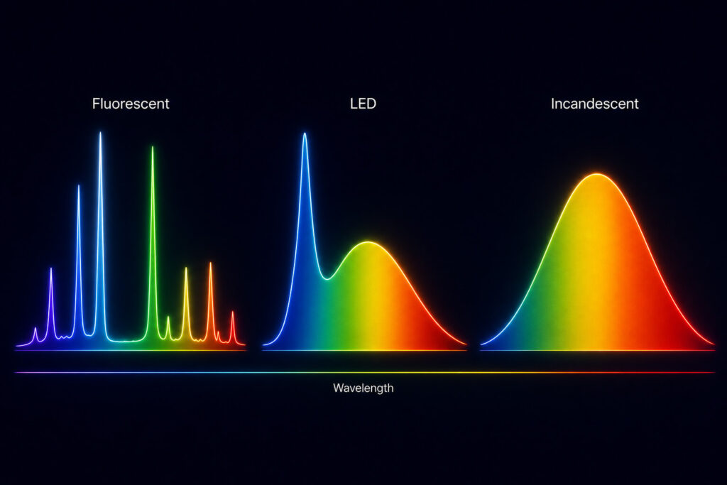 Spectral comparison of fluorescent LED and incandescent light