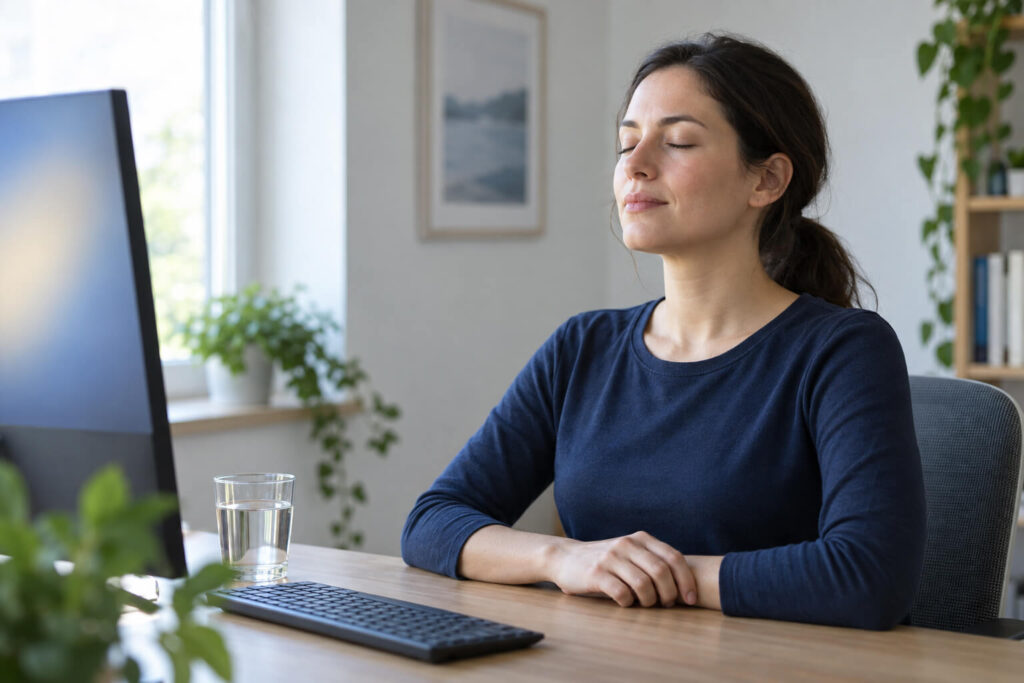 Woman in navy top taking screen break