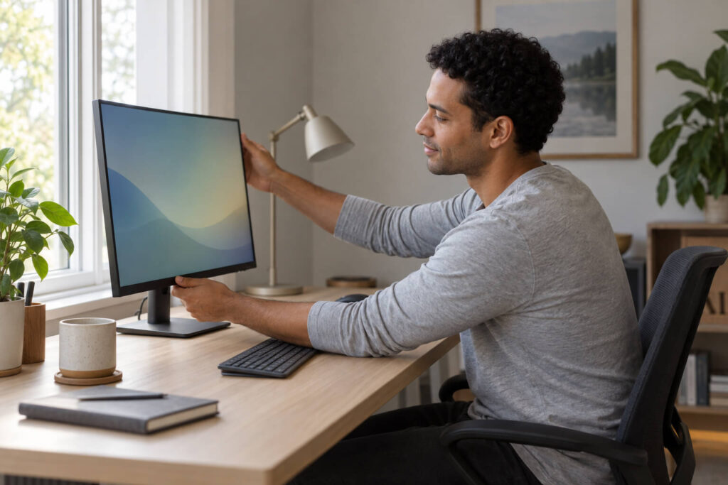 Curly-haired man adjusting monitor beside window