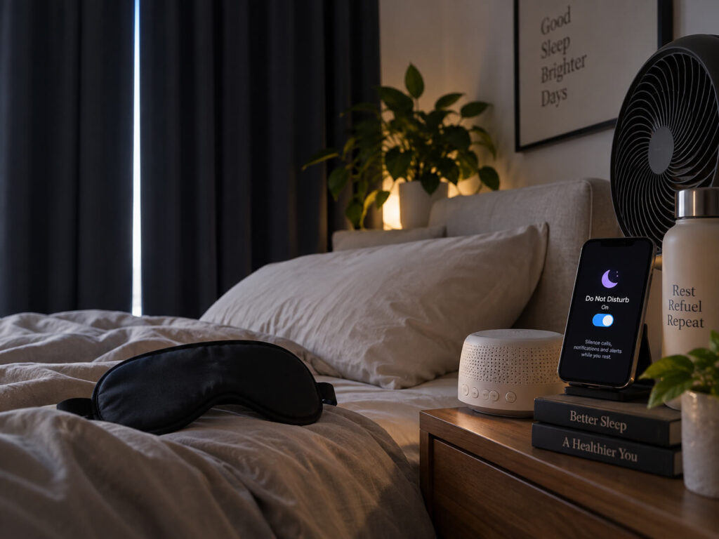 A daytime bedroom with blackout curtains, an eye mask, a fan, a white-noise machine, and a phone set to Do Not Disturb