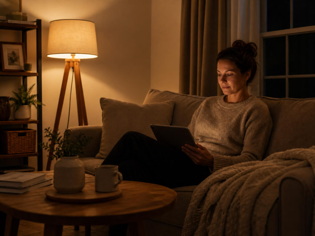 A person relaxing on a sofa in a warmly lit living room in the evening — a dimmed device on the coffee table, a warm floor lamp providing the main light, and a dark window showing evening sky. The scene conveys a calm, winding-down atmosphere with warm amber lighting