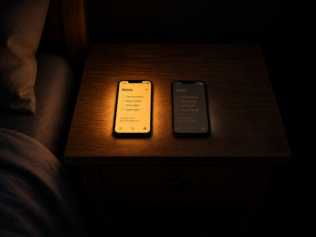 Two smartphones on a nightstand in a dark bedroom, one glowing bright amber at full brightness, the other faintly lit at its lowest setting