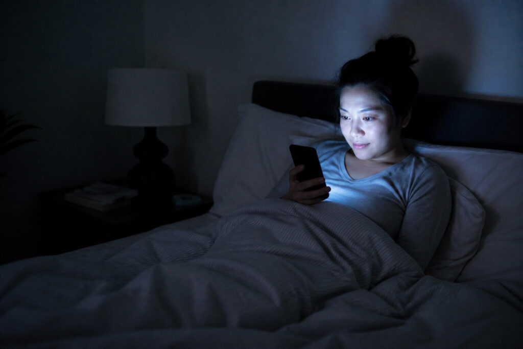 Person sitting upright in bed in the dark, scrolling a smartphone with cool blue-white screen glow illuminating their face — the dominant light source in an otherwise dark bedroom