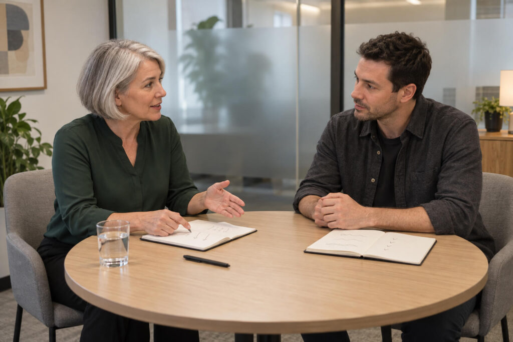 Silver-haired woman discusses notes with attentive colleague