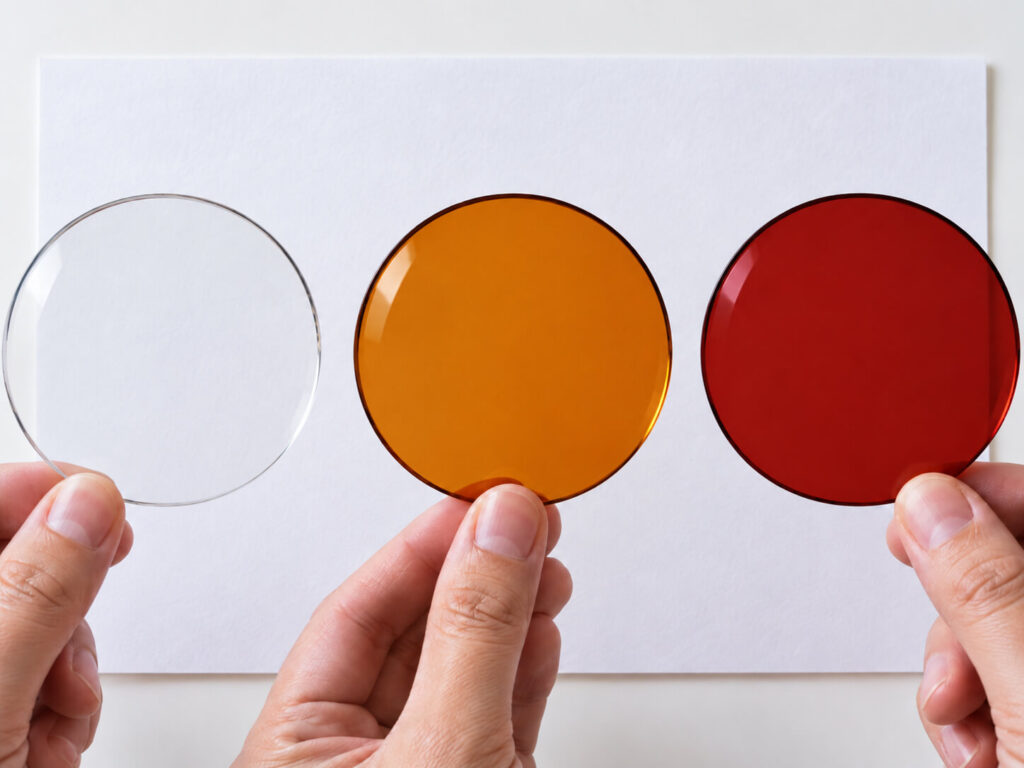 Three lenses held over white paper: clear, amber, and red, showing increasingly warm color shifts without claiming exact blocking percentages