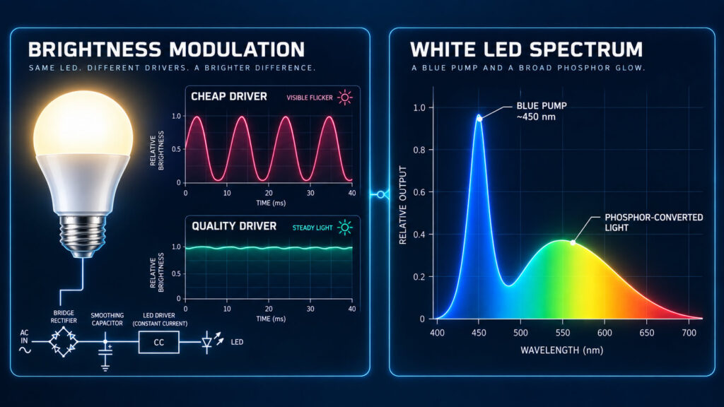 LED flicker mechanism and blue spectral peak diagram