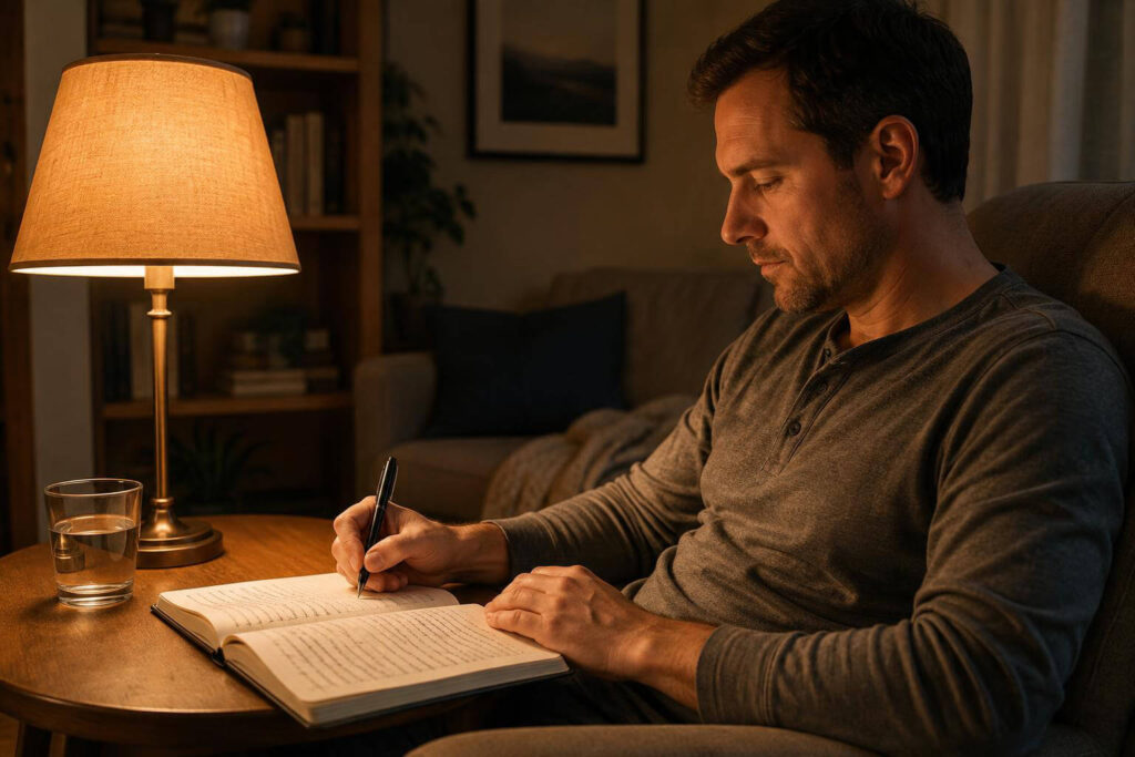 Person writing in diary with warm lamp