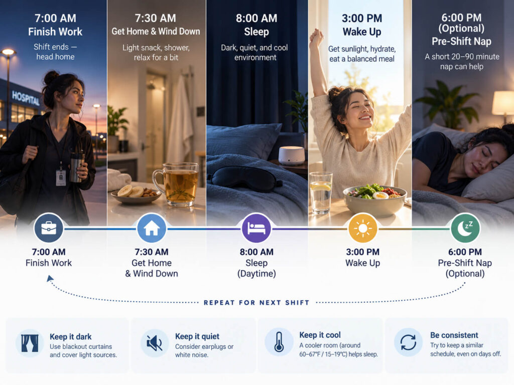 Timeline showing a sample night-shift routine from the end of work through daytime sleep, afternoon wake time, and an optional pre-shift nap