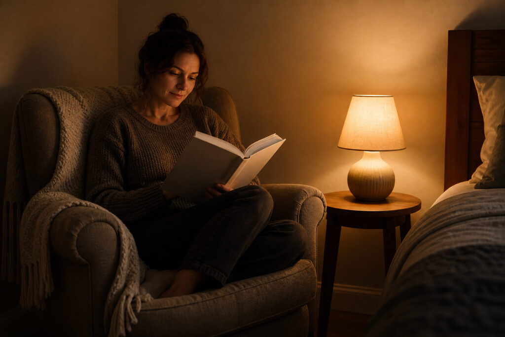Person reading a physical book in an armchair under a warm lamp during a screen-free evening wind-down