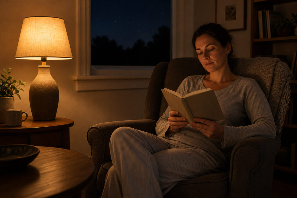 Person sitting in a comfortable armchair reading a physical book under warm amber lamp light in a quiet living room at night — a calm, low-stimulation alternative to lying awake in bed