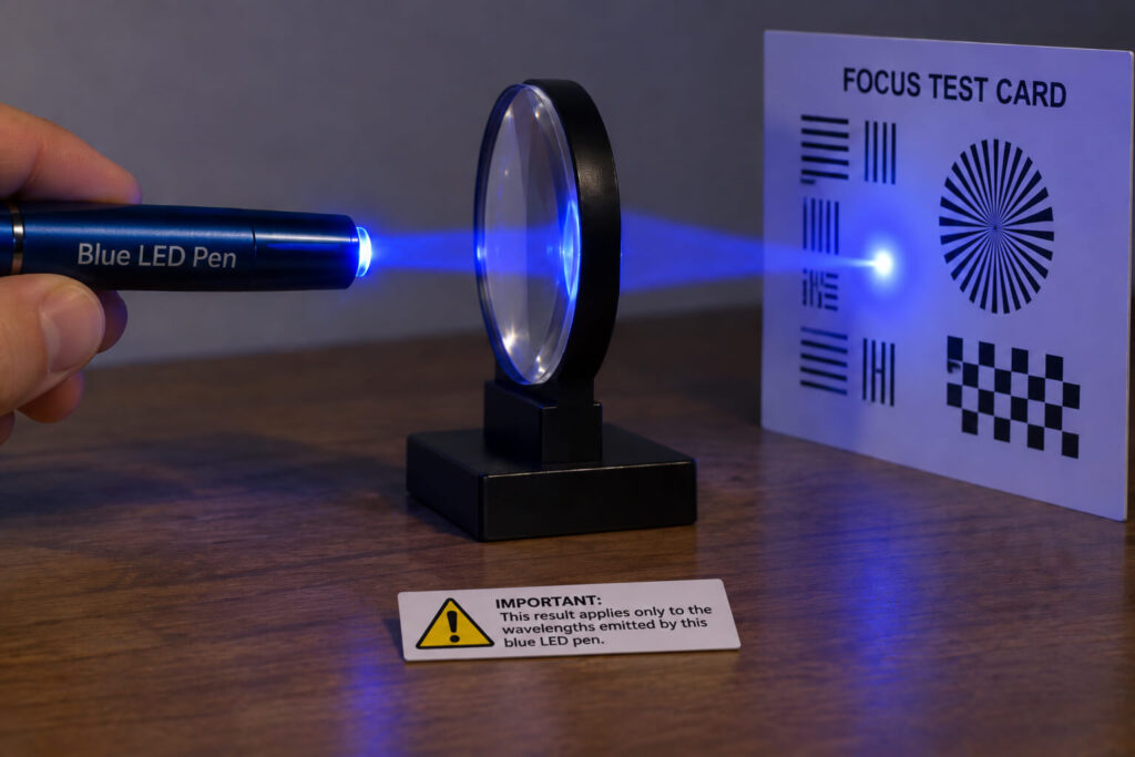 A blue LED pen shining through a lens onto a test card, with a warning label that the result applies only to the pen's emitted wavelengths