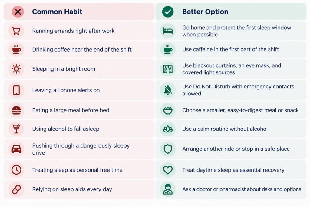 Infographic comparing common night-shift sleep habits with better options, including earlier caffeine use, blackout curtains, Do Not Disturb, lighter meals, safer transportation, and protecting daytime sleep.