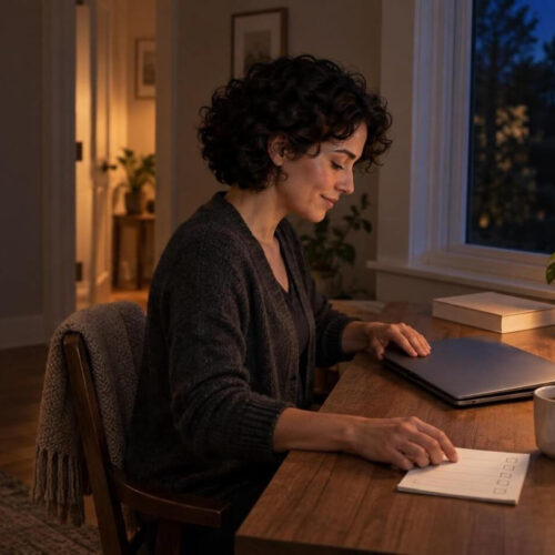 Curly-haired woman closes laptop beside evening checklist and lamp