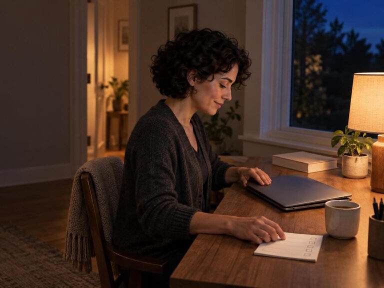 Curly-haired woman closes laptop beside evening checklist and lamp