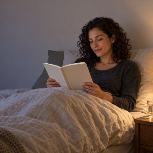 Curly-haired woman reads beside warm lamp at night