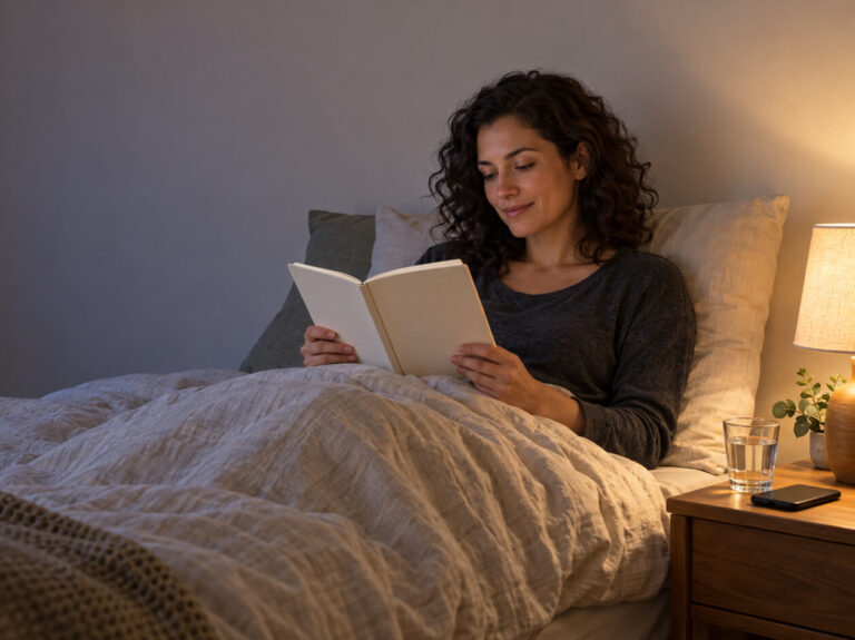 Curly-haired woman reads beside warm lamp at night