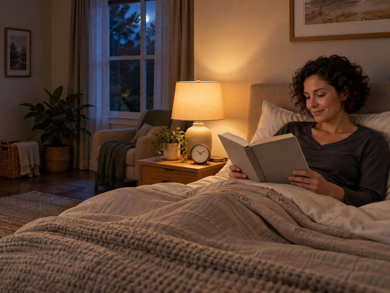 Curly-haired woman reads while phone charges across room