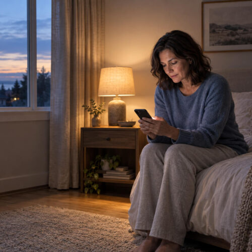 Dark-haired woman checks phone beside warm bedroom lamp